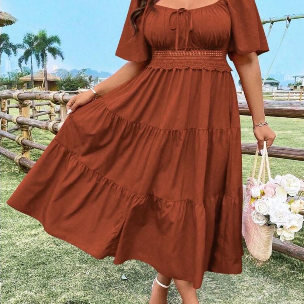 SHEIN Brown Ruched Tiered Maxi Sundress
